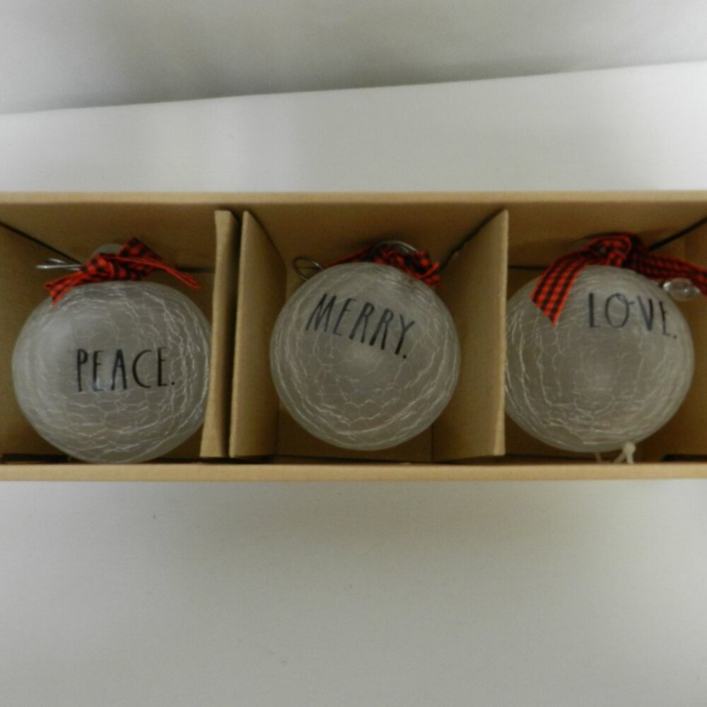 Rae Dunn Christmas Holiday Crackle Glass Ornament Set 3 Peace Merry Love 3"